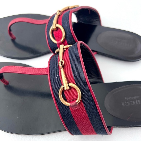 GUCCI || Horsebit Red Blue Web Stripe Black Leather Thong Sandal Flat EU 39 US 9 - Picture 10 of 15